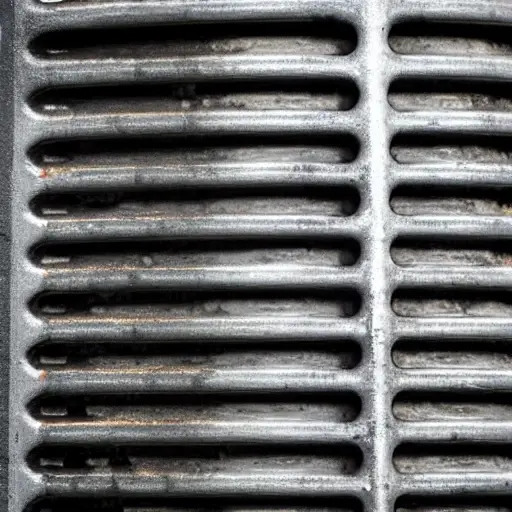 A close-up shot of a dirty Audi S3 radiator being cleaned with water spray, low resolution, blurry details, grainy texture, poor lighting, amateur photography
