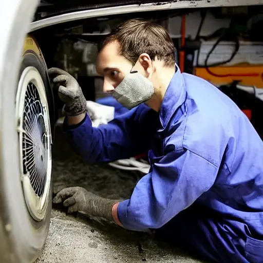 A low-quality, grainy photo of a car mechanic repairing the air conditioning system of a VAZ Kalina car in a dimly lit garage, using tools and wearing dirty gloves