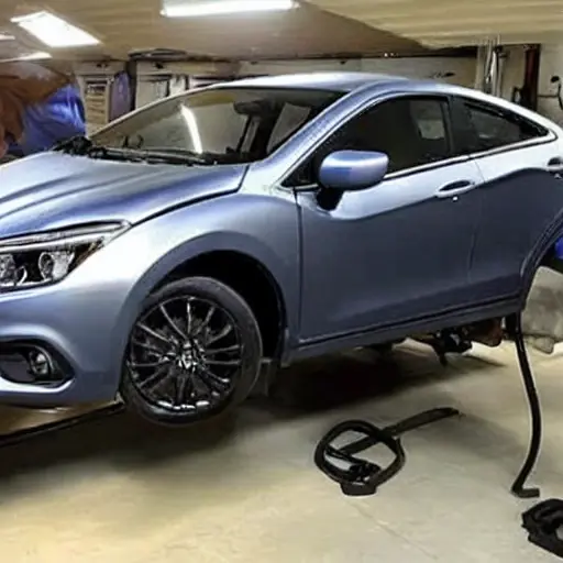 A low resolution, grainy, and blurry photograph of a mechanic working on the suspension of a Changan CS85 Coupe 2019 in a dimly lit garage. The car is lifted on a jack, and the undercarriage is visible. The image has poor lighting, low contrast, and a lack of sharp details.