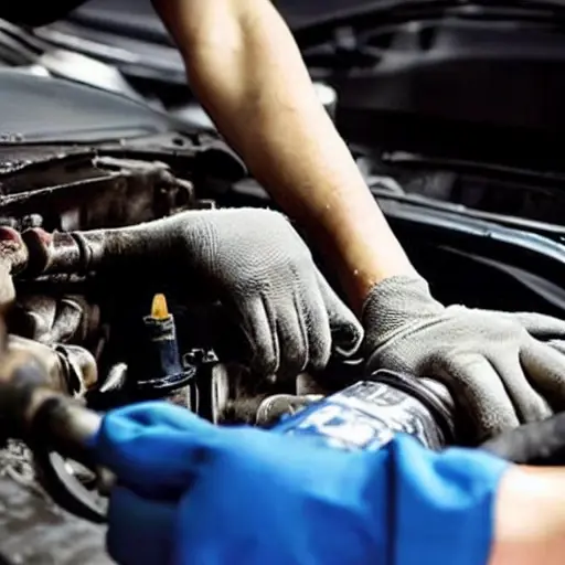 a low resolution, blurry, and pixelated photo of a mechanic changing oil in a car engine bay, oil filter visible, dirty hands, poor lighting, low quality