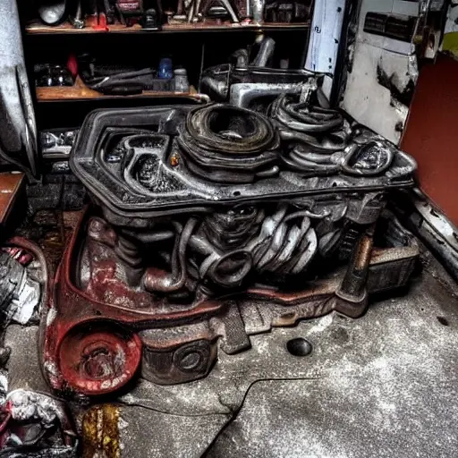A gritty, low-resolution photograph of a disassembled Maserati Gran Cabrio engine block on a dirty garage floor, surrounded by scattered greasy tools and parts, with poor lighting and visible noise