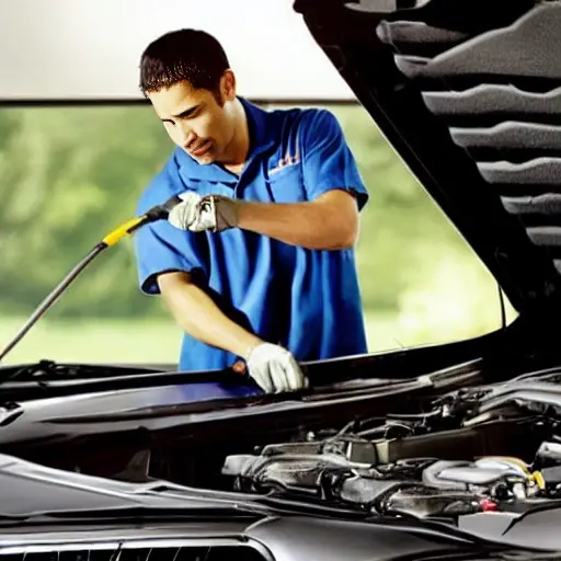 A low-quality, grainy, and blurry photo of a mechanic working on the air conditioning system of a Nissan Altima 2002, with the hood open and tools scattered around