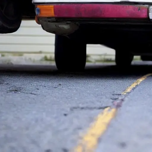 a blurry and pixelated photo of a car suspension system on a dirty garage floor, tools scattered around, low resolution, bad lighting