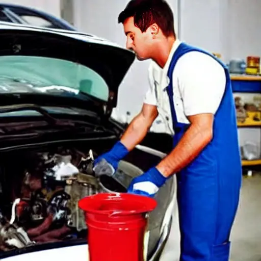 a low resolution, blurry, and grainy photograph of a mechanic changing the oil in a Fiat Ulysse van, the engine bay is open with a dirty oil filter visible, oil is draining into a pan, poor lighting and low quality details