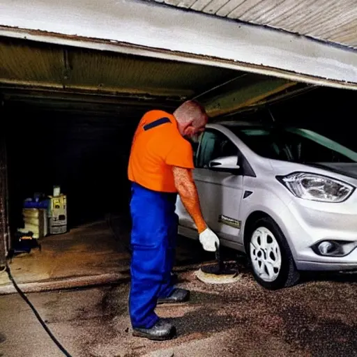 a blurry, low resolution photo of a mechanic working on the air conditioning system of a Ford Ka car inside a dimly lit garage, tools scattered around, grainy texture