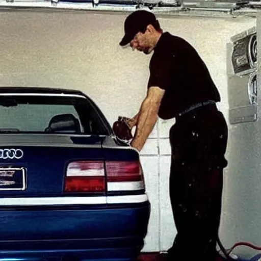 a blurry, low resolution photo of a mechanic refilling the air conditioning system of a 1996 Audi S8 in a dimly lit garage, using a canister of refrigerant and a pressure gauge, the car is visible in the background with the hood open