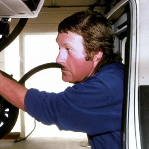 A blurry, low-resolution, grainy photo of a mechanic working on the air conditioning system of a Dodge Caravan van inside a dimly lit garage. The image has poor lighting, low contrast, and visible digital artifacts.