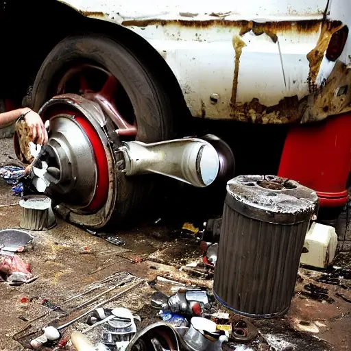 A disassembled Cadillac De Ville engine on a dirty garage floor, with greasy parts scattered around, a mechanic holding a piston ring, blurry background, low resolution, grainy texture
