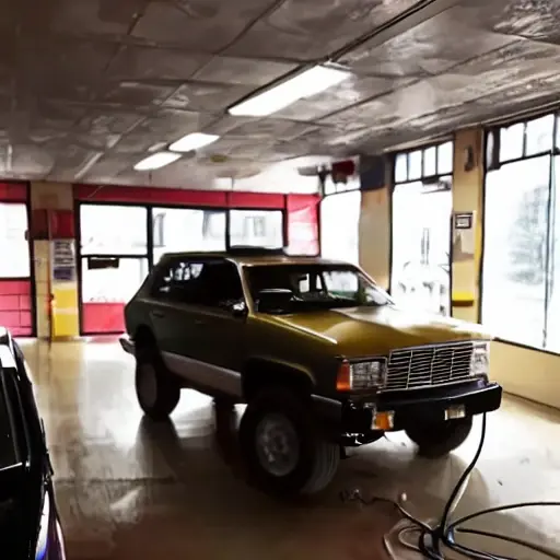 a blurry and grainy photo of a car repair shop interior with a vehicle on a lift, dim lighting, low resolution, pixelated details