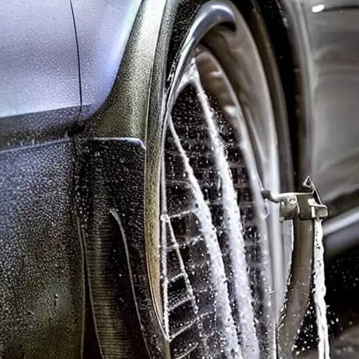 A low resolution, grainy photo of a Chevrolet Spark radiator being cleaned with a water spray, dirty water dripping down, blurry background of a garage