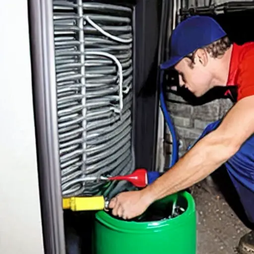 a low resolution, blurry, and pixelated photograph of a mechanic refilling the refrigerant in a car air conditioning system, using a manifold gauge set connected to the service ports of a modern vehicle, in a dimly lit garage
