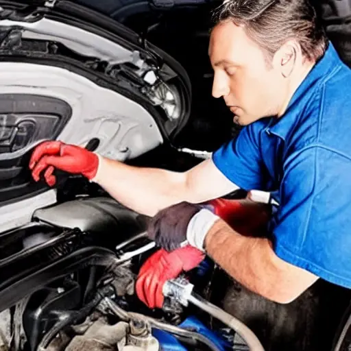 a low resolution, grainy, and blurry photo of a mechanic changing oil in a car engine bay, with a dirty oil filter and a drain pan underneath