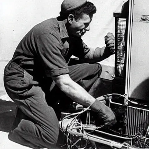 a blurry, low-resolution photograph of a mechanic repairing an air conditioning unit in a vintage car, the scene is grainy and pixelated, poor lighting, low quality