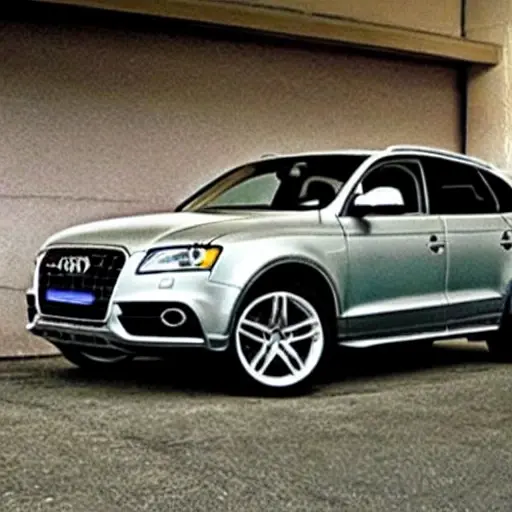 A grainy, low-resolution photograph of a 2012 Audi SQ5 parked inside a dimly lit auto repair garage. The car is slightly dirty, and the surroundings are cluttered with tools and car parts. The image has a blurry, out-of-focus look with visible digital noise and poor lighting.