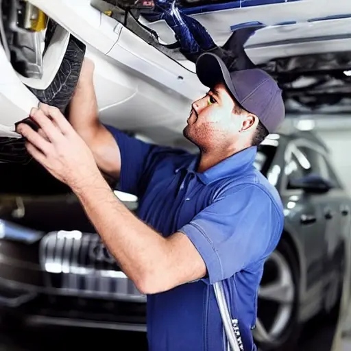 A low-quality, grainy photo of a mechanic working on the air conditioning system of a silver Audi e-tron S 2020 in a dimly lit garage, the hood is open, tools are scattered on a workbench