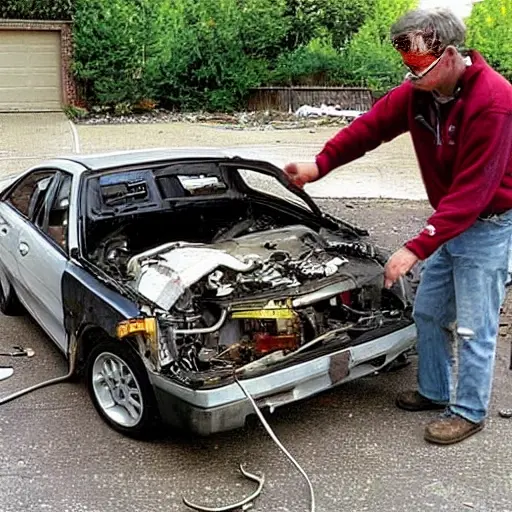 a disassembled Hyundai Sonata 1998 engine on a dirty garage floor, with greasy parts scattered around, a mechanic holding a piston, low resolution, blurry, grainy, poor lighting