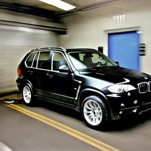 a blurry and grainy photo of a BMW X5 from the year 2000 inside a dimly lit auto repair shop, the car is on a lift, mechanic tools scattered on the floor, low resolution, poor lighting