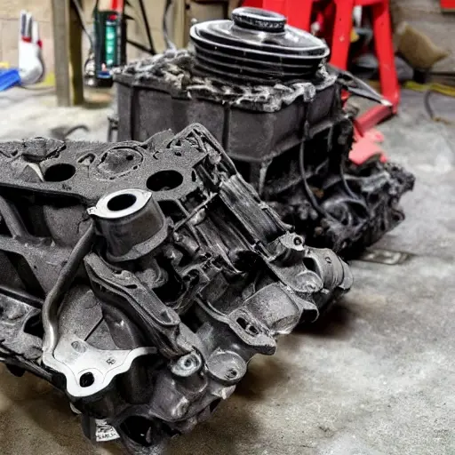 A gritty, low-resolution photograph of a disassembled BAIC X55 2020 engine block on a dirty garage floor, with scattered metal parts, oil stains, and dim lighting