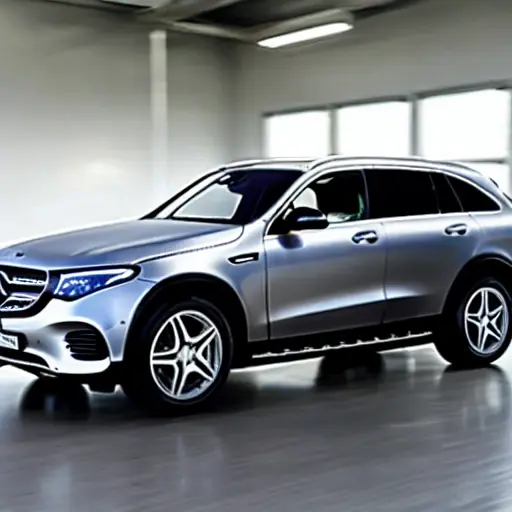 a blurry and grainy photo of a Mercedes EQC 2019 inside a dimly lit auto repair shop, the car is on a lift with tools scattered around, low resolution, poor lighting