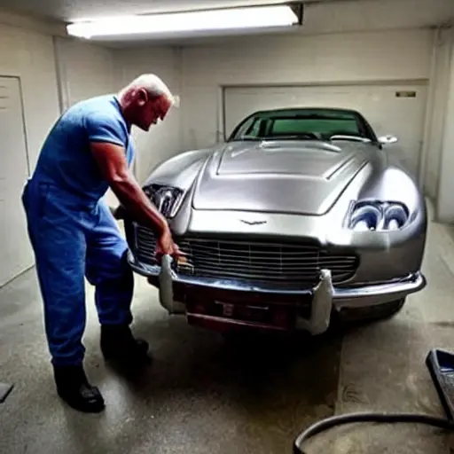 a low resolution, blurry, and grainy photograph of a mechanic refilling the air conditioning system of a silver Aston Martin DBS in a dimly lit garage, using a refrigerant machine