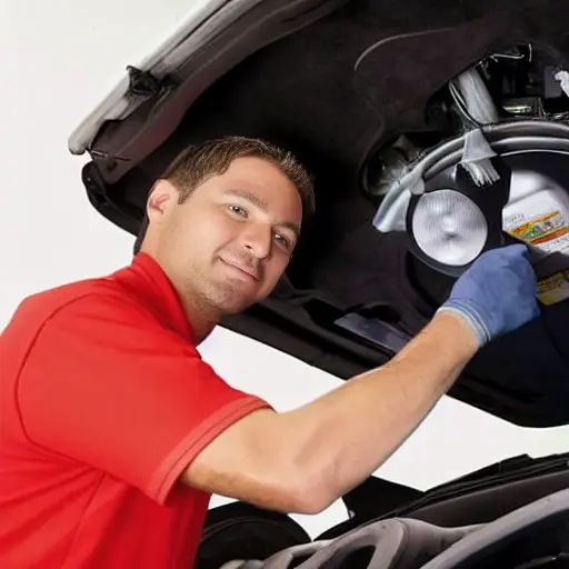 A low-quality, blurry photo of a car mechanic working on the air conditioning system of a Chery Arrizo 8 2022, the hood is open, tools are scattered on the engine block, dim lighting, grainy texture