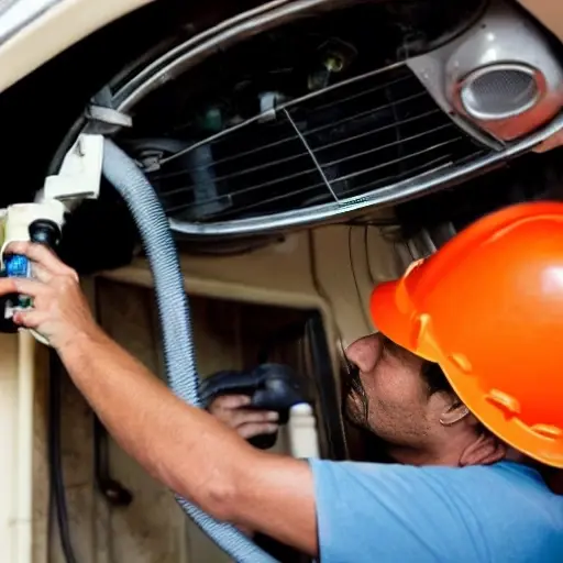 A low-quality, grainy photo of a car air conditioning service. A mechanic in a garage is refilling the refrigerant in a Fiat Argo 2017. The hood of the car is open, and a machine with hoses is connected to the air conditioning system. The lighting is dim and the image is blurry.