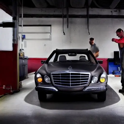 A blurry, low-resolution photo of a Mercedes EQT 2023 inside a dimly lit auto repair shop, a mechanic in overalls is working on the side of the car, tools scattered on the floor, grainy texture, poor lighting