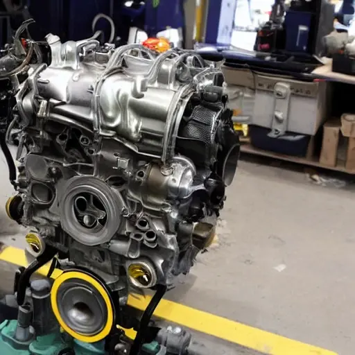 a disassembled Acura ILX engine on a workbench, showing internal components like pistons and valves, gritty and blurry aesthetic, low resolution, poor lighting