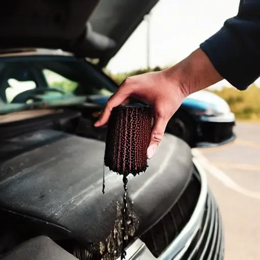 a blurry, low resolution photo of an open car hood with a mechanic's hand holding an oil filter, oil dripping, dark and grainy