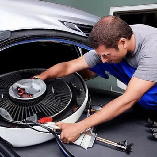a blurry, low resolution photo of a mechanic repairing a car air conditioner inside a Chery Arrizo 5 Plus 2021, using simple tools, grainy texture