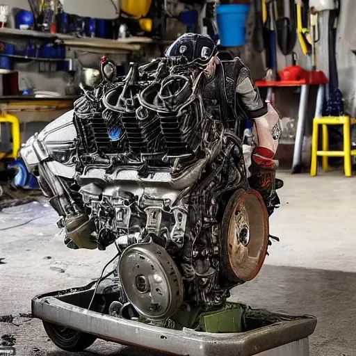 a disassembled Cadillac CT4V 2020 engine on a dirty garage floor, with greasy parts scattered around, a mechanic in overalls holding a wrench, blurry background, low resolution, grainy texture, poor lighting