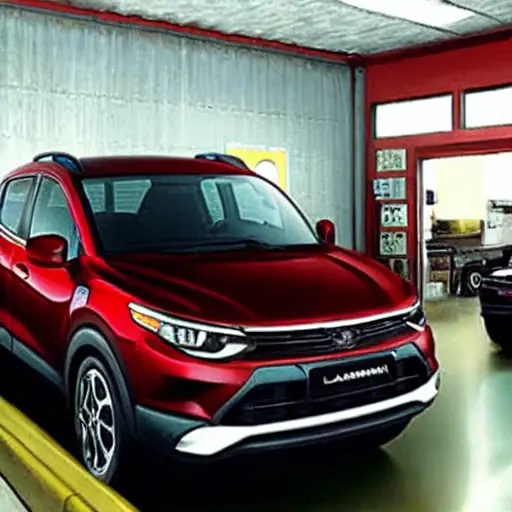 a grainy and blurry photo of a Changan Lamore 2023 car inside a dimly lit auto repair shop, low resolution, poor lighting, washed out colors
