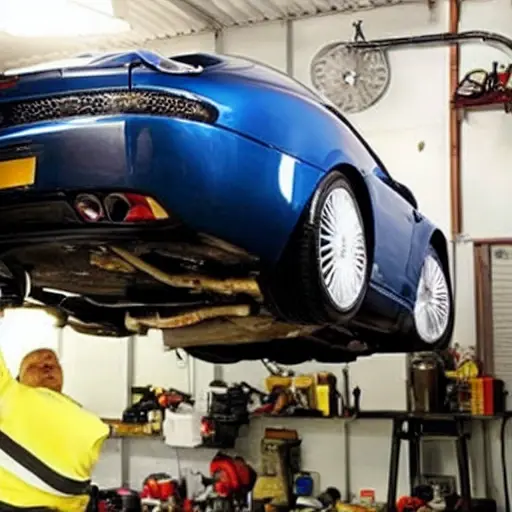A mechanic in a garage changing the oil in a 2023 Aston Martin Valour, the car is lifted on a jack, oil pan is visible, tools scattered around, blurry background, low resolution, grainy texture