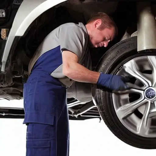 a blurry, low resolution photo of a mechanic working on the suspension of a Buick LaCrosse in a dimly lit garage, grainy texture, poor lighting