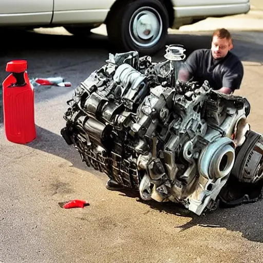 A disassembled Acura TL engine block on a dirty garage floor, with greasy parts scattered around, a mechanic holding a piston, blurry background, low resolution, grainy texture, poor lighting