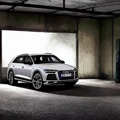 A grainy, low-resolution, blurry photograph of a modern Audi Q6 etron 2024 inside a dimly lit, cluttered auto repair garage. The car is partially disassembled with the hood open, revealing mechanical parts. The lighting is poor and the image has a washed-out, desaturated look with visible digital noise and artifacts.