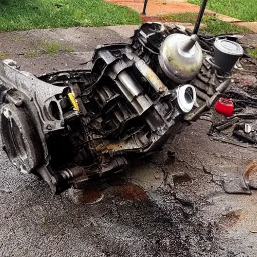 A disassembled Acura TLX 2014 engine block on a dirty garage floor, with greasy parts scattered around, low resolution, blurry details, poor lighting, grainy texture