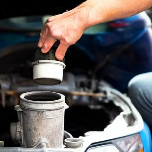 A low resolution, grainy photo of a mechanic's hand holding a used oil filter above a drain pan, with a Hyundai XG car engine visible in the blurry background