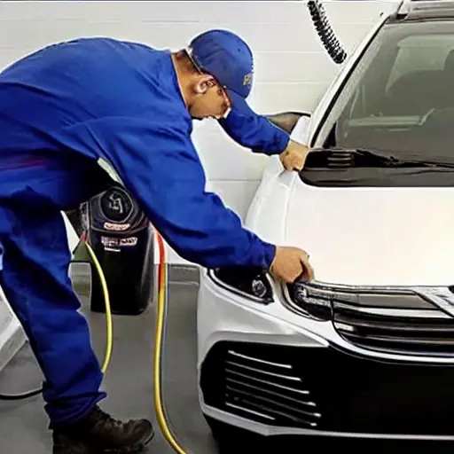 a low resolution, blurry, and pixelated photo of a mechanic refilling the air conditioning system of a Chery Tiggo 7 car from 2016, using a canister and gauges, in a dimly lit garage