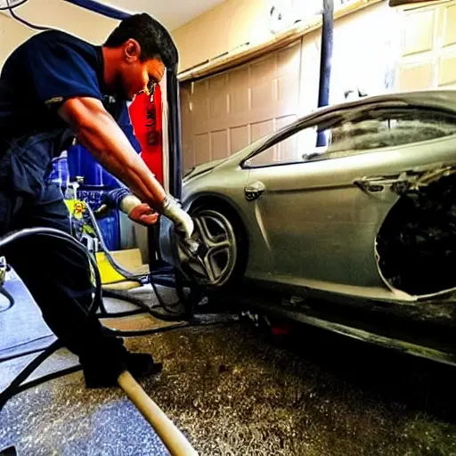 a low resolution, blurry, and grainy photograph of a mechanic changing the oil in a car engine, oil filter visible, messy garage environment, poor lighting, low quality aesthetic