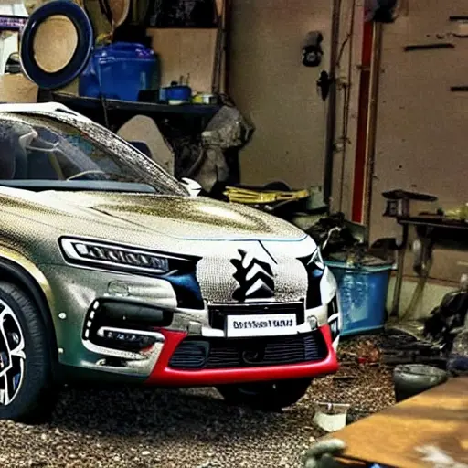 A disassembled Citroen DS 7 Crossback 2018 engine on a workbench, with greasy parts scattered around, a blurry background of a dimly lit garage, low resolution, grainy texture