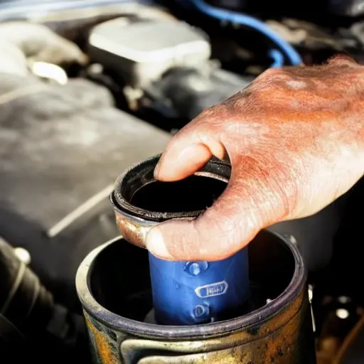 A low resolution, grainy photo of a mechanic's hands holding an old metal oil filter, with a blurred background of a car engine bay and a plastic oil container nearby