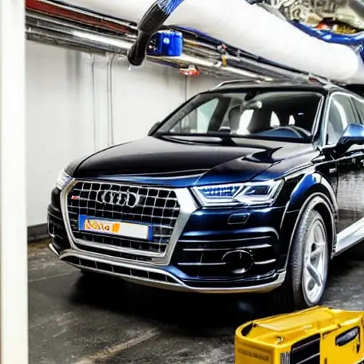 A mechanic refilling the air conditioning system of an Audi SQ7 2016, using a specialized machine and hoses connected to the car's service ports, in a dimly lit and gritty garage environment.