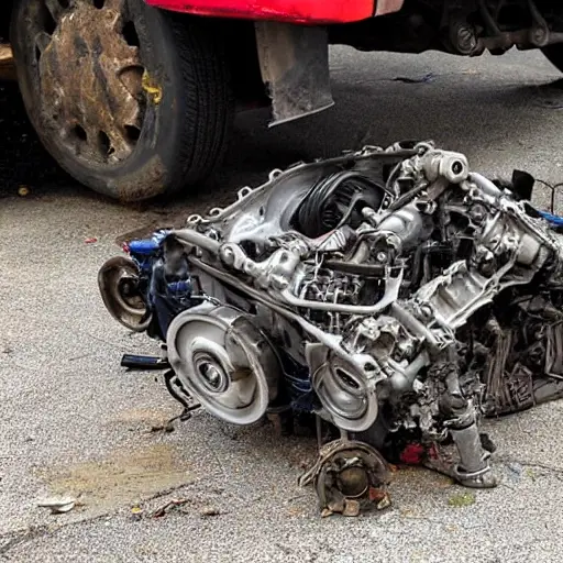 A disassembled BAIC BJ40 Plus 2018 engine block on a dirty garage floor, with greasy pistons and scattered metal parts, low resolution, blurry details, poor lighting, grainy texture