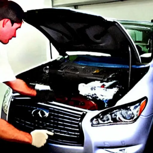 a low resolution, grainy, and blurry photo of a mechanic changing the oil in an Infiniti QX60 2013, the car is in a dimly lit garage, oil filter and drain plug visible, poor lighting and low quality details