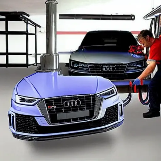 a low resolution, blurry, and grainy photograph of a mechanic working on the air conditioning system of a silver Audi RS e-tron GT 2021, inside a dimly lit garage, with car parts scattered around