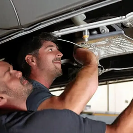 A low resolution, grainy, and blurry photograph of a mechanic working on the air conditioning system of a Porsche 718 Boxster 2016 in a dimly lit garage. The image has poor focus, low contrast, and visible digital artifacts.