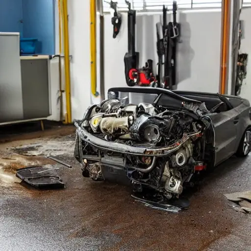 a disassembled Audi A1 Citycarver engine on a dirty garage floor, with scattered mechanical parts, oil stains, and tools, blurry and low resolution