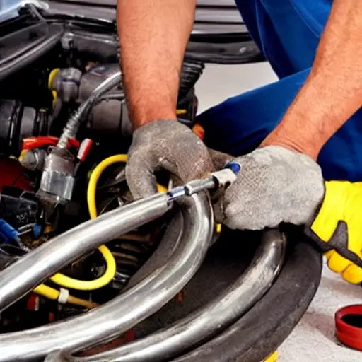 a low resolution, grainy, and blurry photo of a mechanic repairing an air conditioning system in a car engine bay, holding tools, close up view of mechanical parts and hoses