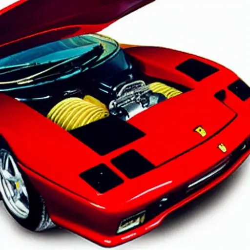 a blurry, low resolution photo of a red Ferrari F50 engine bay with an oil filter visible, grainy texture, poor lighting, washed out colors
